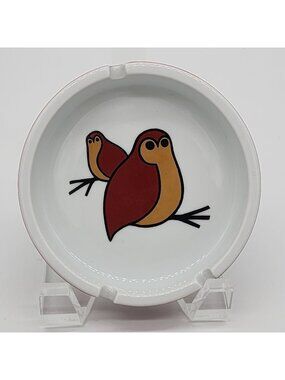 Vintage Porcelain Ashtray Round Birds White and Brown MCM VTG 4.5"